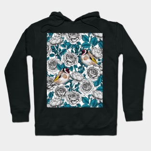 White rose flowers and goldfinch birds Hoodie